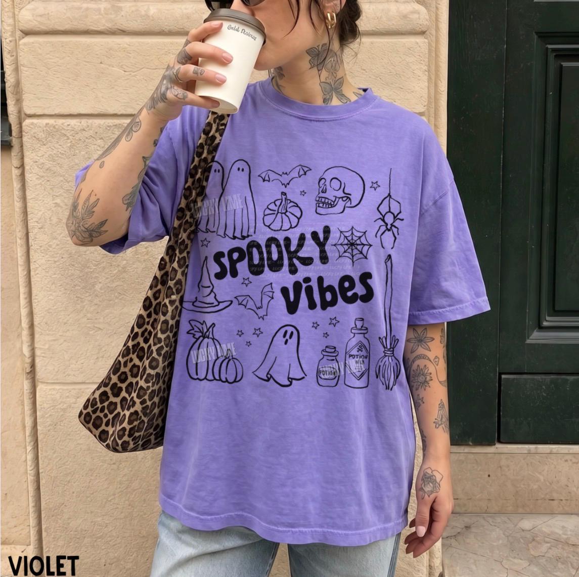 Spooky Vibes Shirt, Retro Halloween Shirt, Spooky Season Tee, Halloween Doodles Shirt, Skeleton Halloween, Cute Ghost Shirt, Witchy Vibes