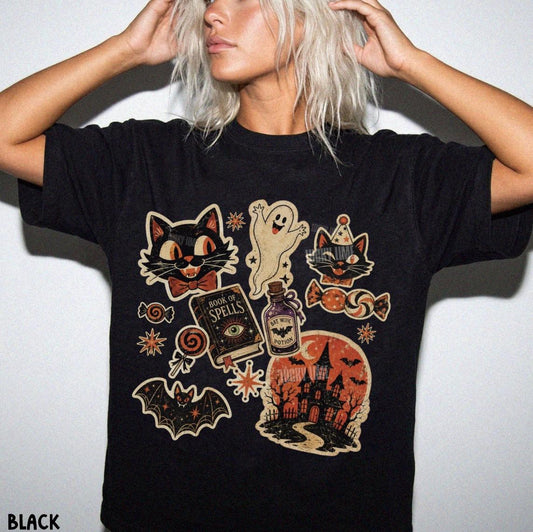 Retro Halloween Collage Shirt, Vintage Halloween Tee, Pumpkin Halloween Shirt Spooky Season, Black Cat Halloween Graphic Tee