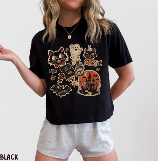 Retro Halloween Collage Cropped Shirt, Vintage Halloween Crop Top, Pumpkin Halloween Shirt, Spooky Season, Black Cat Shirt