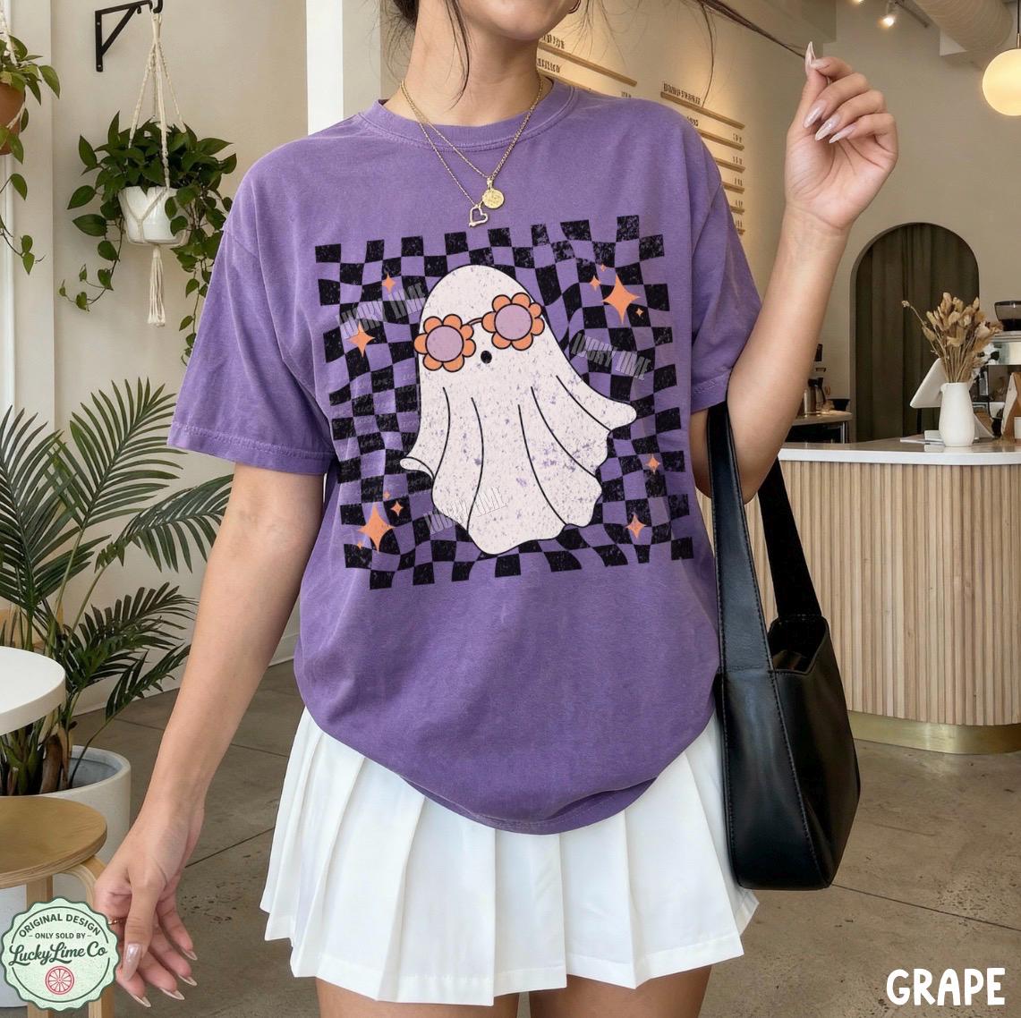 Retro Ghost Shirt, Groovy Halloween Shirt, Cute Ghost Shirt, Spooky Season Tee, ®, Trendy Halloween, Checkered Ghost Tshirt