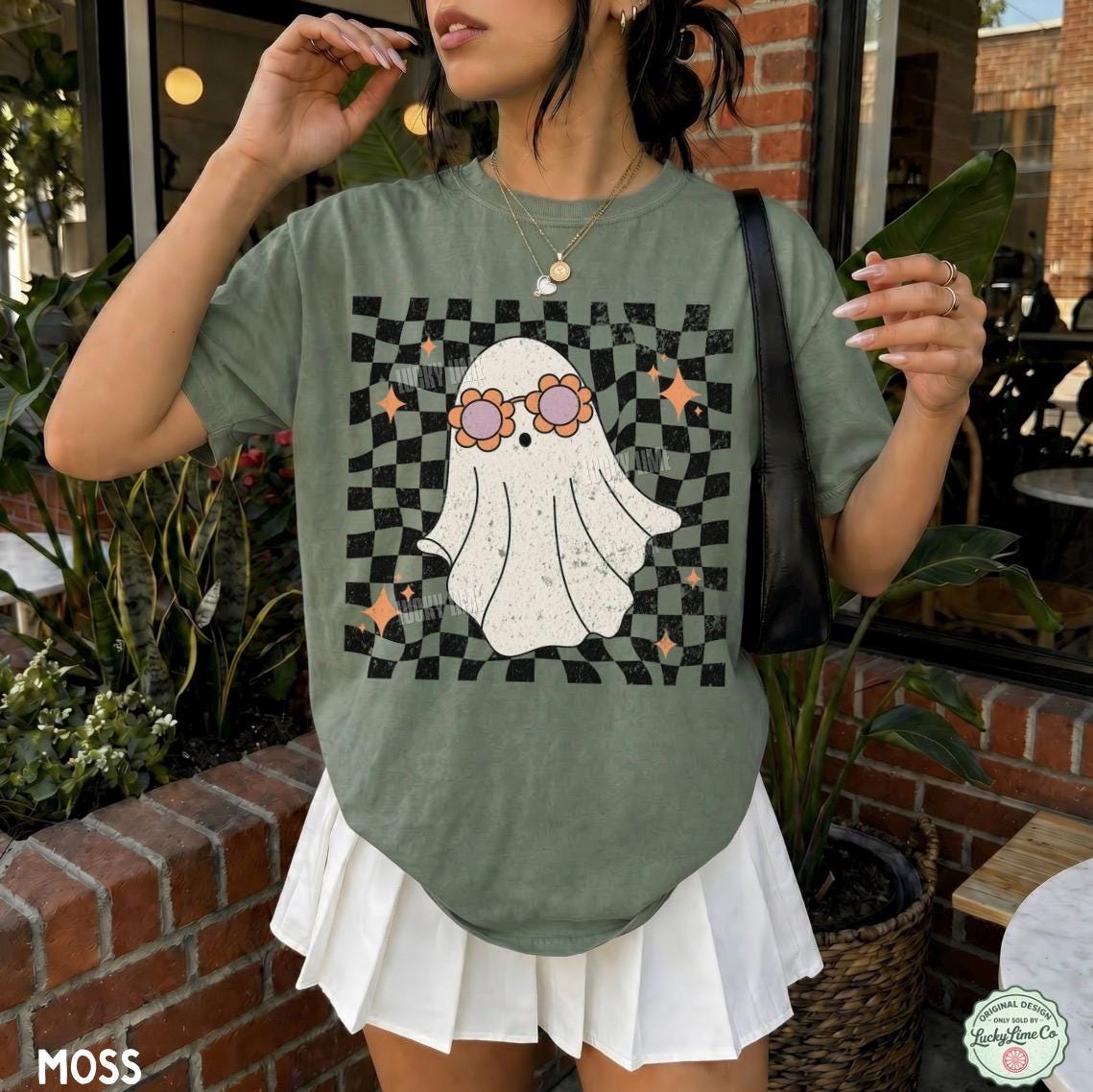 Retro Ghost Shirt, Groovy Halloween Shirt, Cute Ghost Shirt, Spooky Season Tee, ®, Trendy Halloween, Checkered Ghost Tshirt