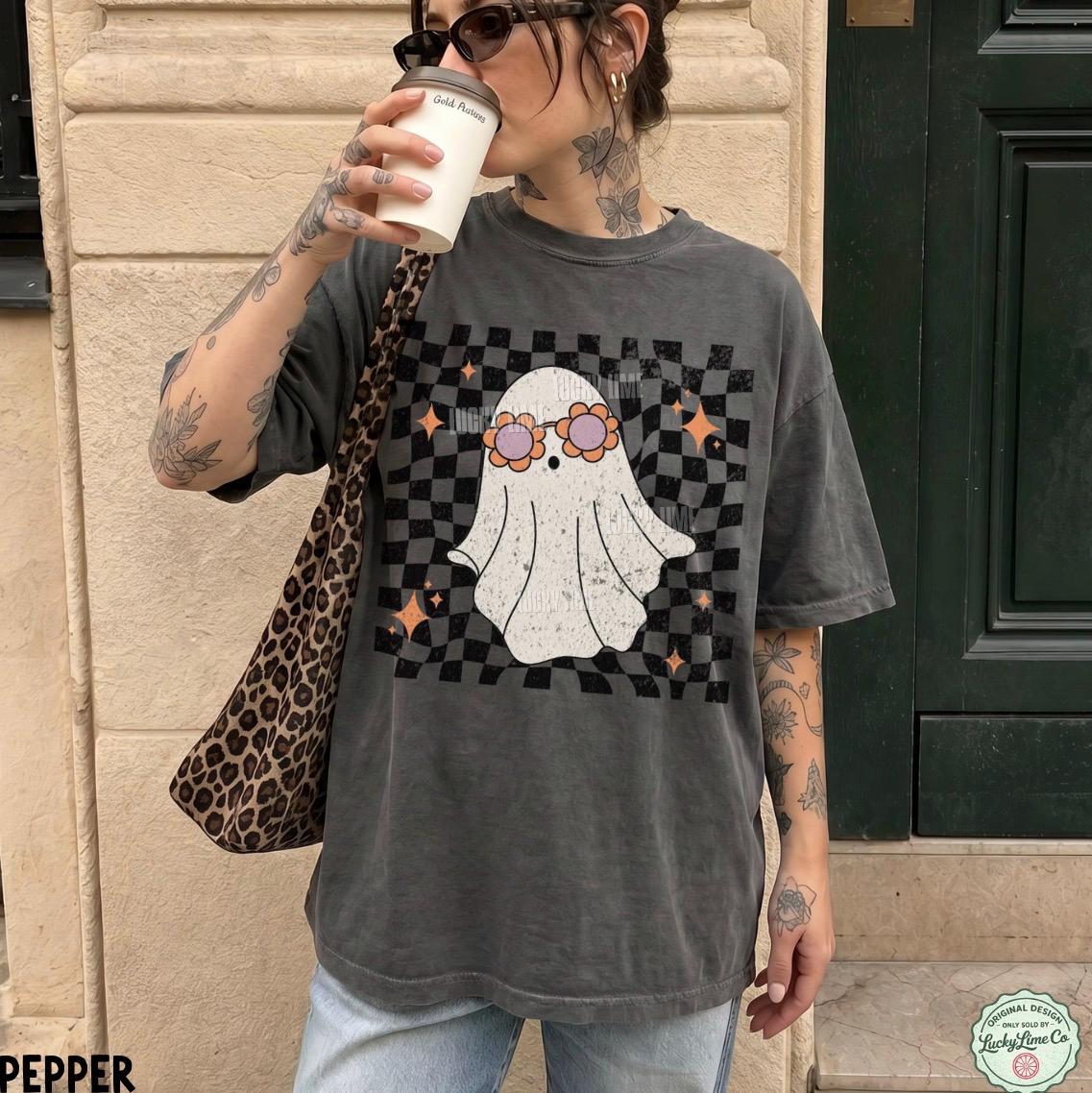 Retro Ghost Shirt, Groovy Halloween Shirt, Cute Ghost Shirt, Spooky Season Tee, ®, Trendy Halloween, Checkered Ghost Tshirt