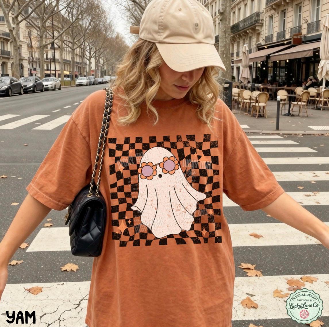 Retro Ghost Shirt, Groovy Halloween Shirt, Cute Ghost Shirt, Spooky Season Tee, ®, Trendy Halloween, Checkered Ghost Tshirt