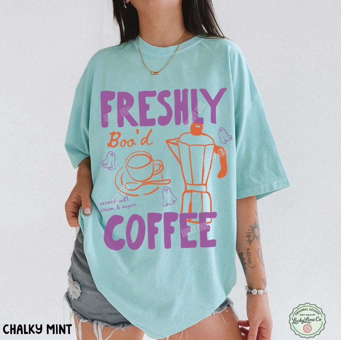 Halloween Coffee Shirt, Freshly Boo’d Coffee TShirt, Cute Ghost Shirt, Skeleton Halloween Tshirt, Coffee Lover Gift, Spooky