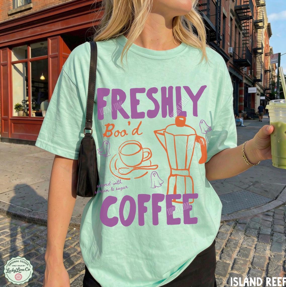Halloween Coffee Shirt, Freshly Boo’d Coffee TShirt, Cute Ghost Shirt, Skeleton Halloween Tshirt, Coffee Lover Gift, Spooky