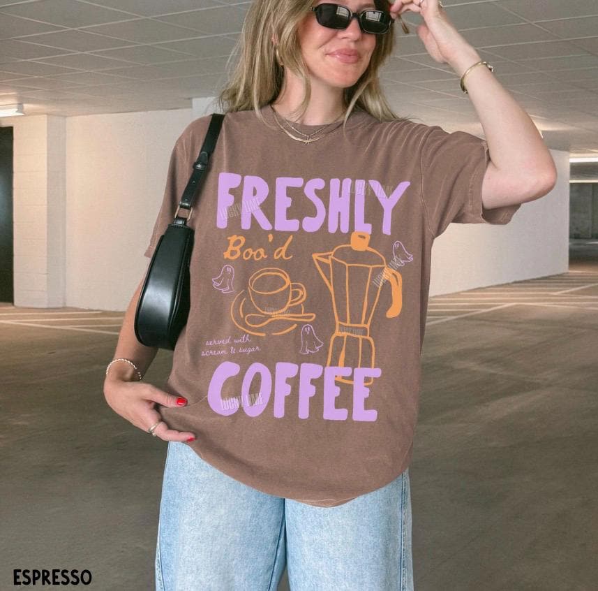 Halloween Coffee Shirt, Freshly Boo’d Coffee Shirt, Cute Ghost Shirt, Skeleton Halloween Tshirt, Coffee Lover Gift, Spooky