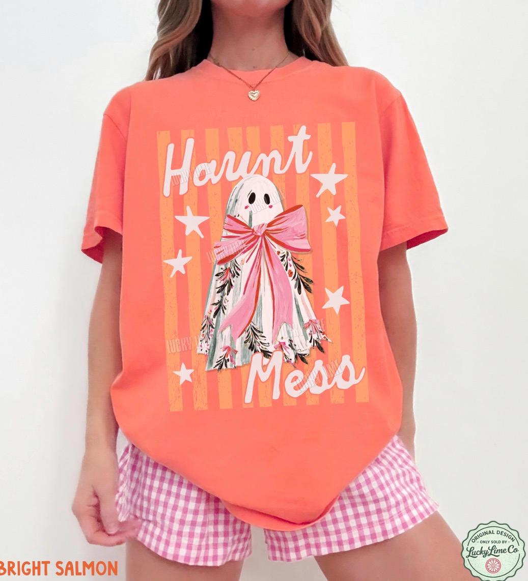 Haunt Mess Ghost Shirt, Funny Halloween Tshirt, Spooky Season Shirt, Trendy Halloween Vibes Tee, Preppy Striped Halloween Shirt, Fall Shirt