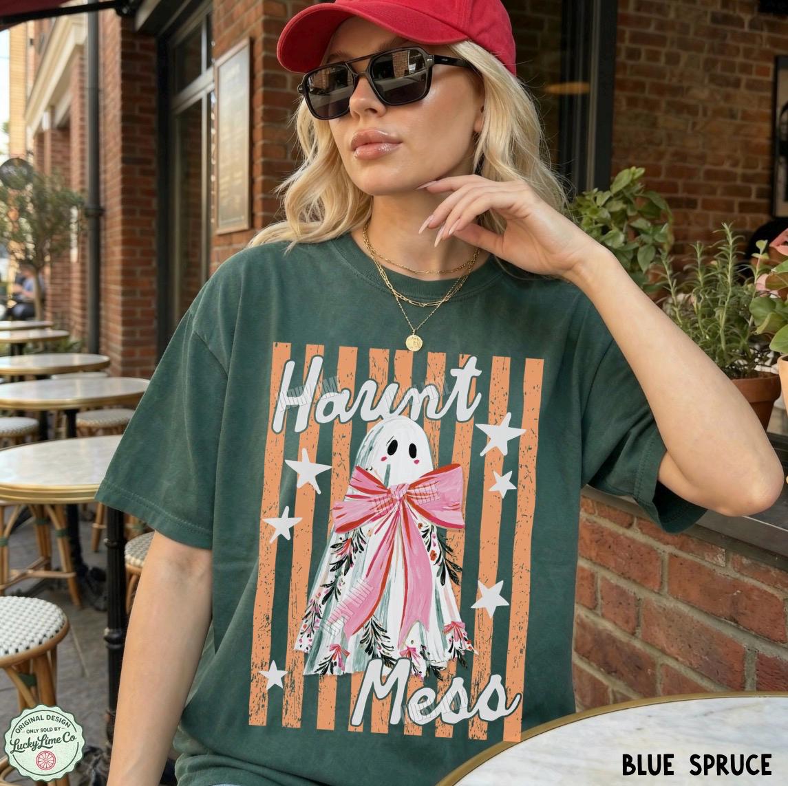 Haunt Mess Ghost Shirt, Funny Halloween Tshirt, Spooky Season Shirt, Trendy Halloween Vibes Tee, Preppy Striped Halloween Shirt, Fall Shirt