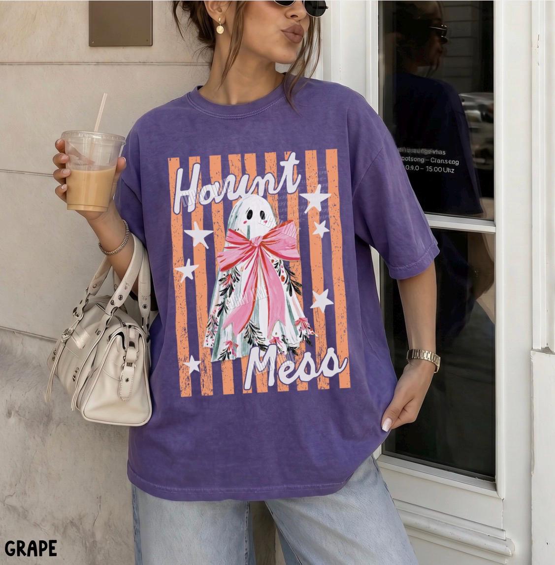 Haunt Mess Ghost Shirt, Funny Halloween Tshirt, Spooky Season Shirt, Trendy Halloween Vibes Tee, Preppy Striped Halloween Shirt, Fall Shirt