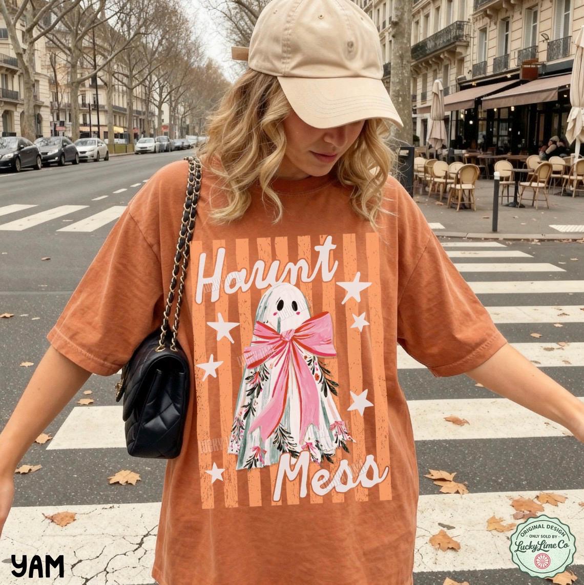 Haunt Mess Ghost Shirt, Funny Halloween Tshirt, Spooky Season Shirt, Trendy Halloween Vibes Tee, Preppy Striped Halloween Shirt, Fall Shirt