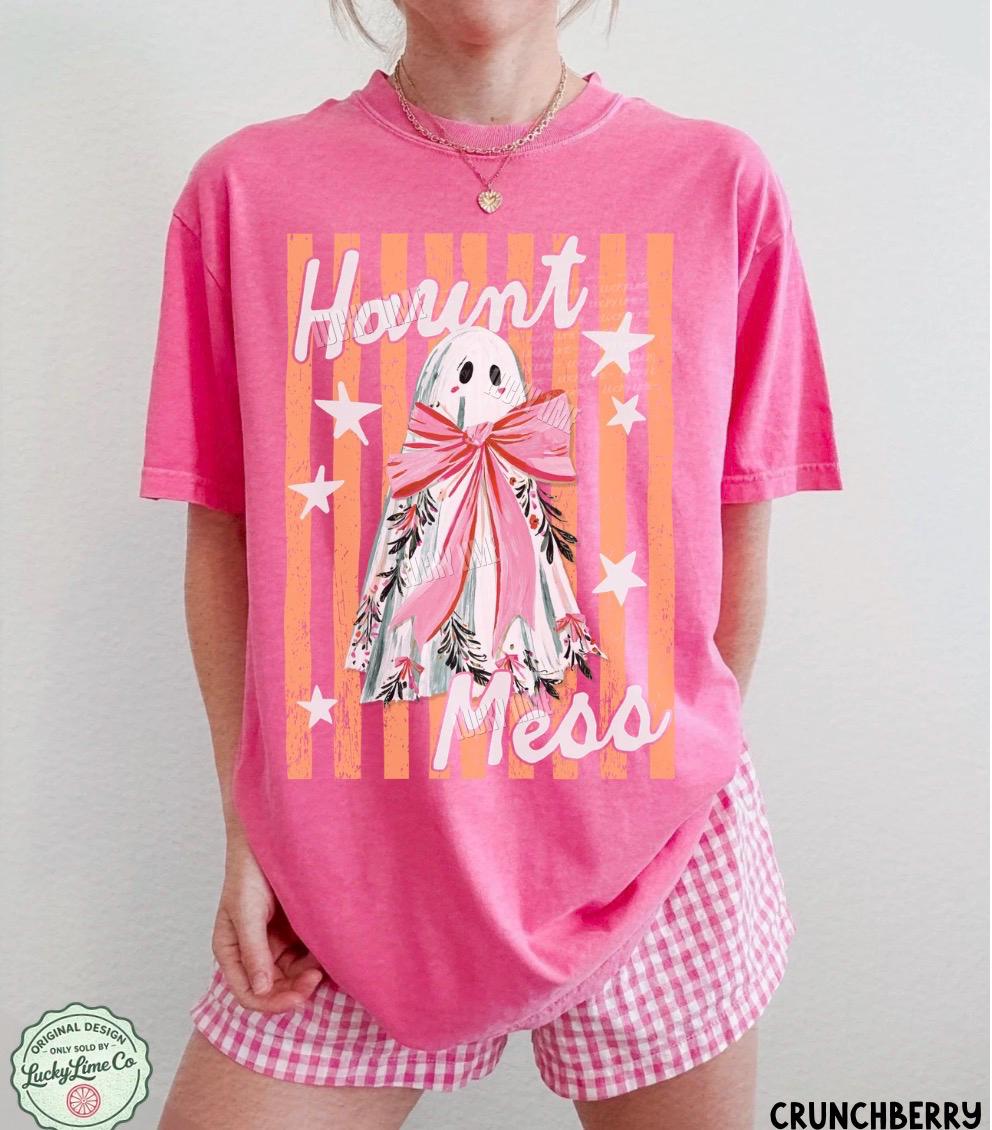 Haunt Mess Ghost Shirt, Funny Halloween Tshirt, Spooky Season Shirt, Trendy Halloween Vibes Tee, Preppy Striped Halloween Shirt, Fall Shirt