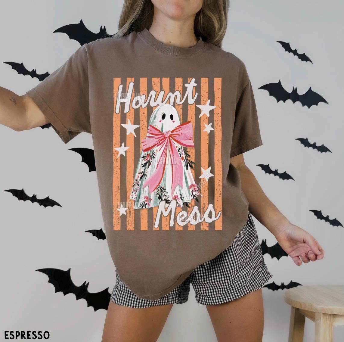 Haunt Mess Ghost Shirt, Funny Halloween Tshirt, Spooky Season Shirt, Trendy Halloween Vibes Tee, Preppy Striped Halloween Shirt, Fall Shirt