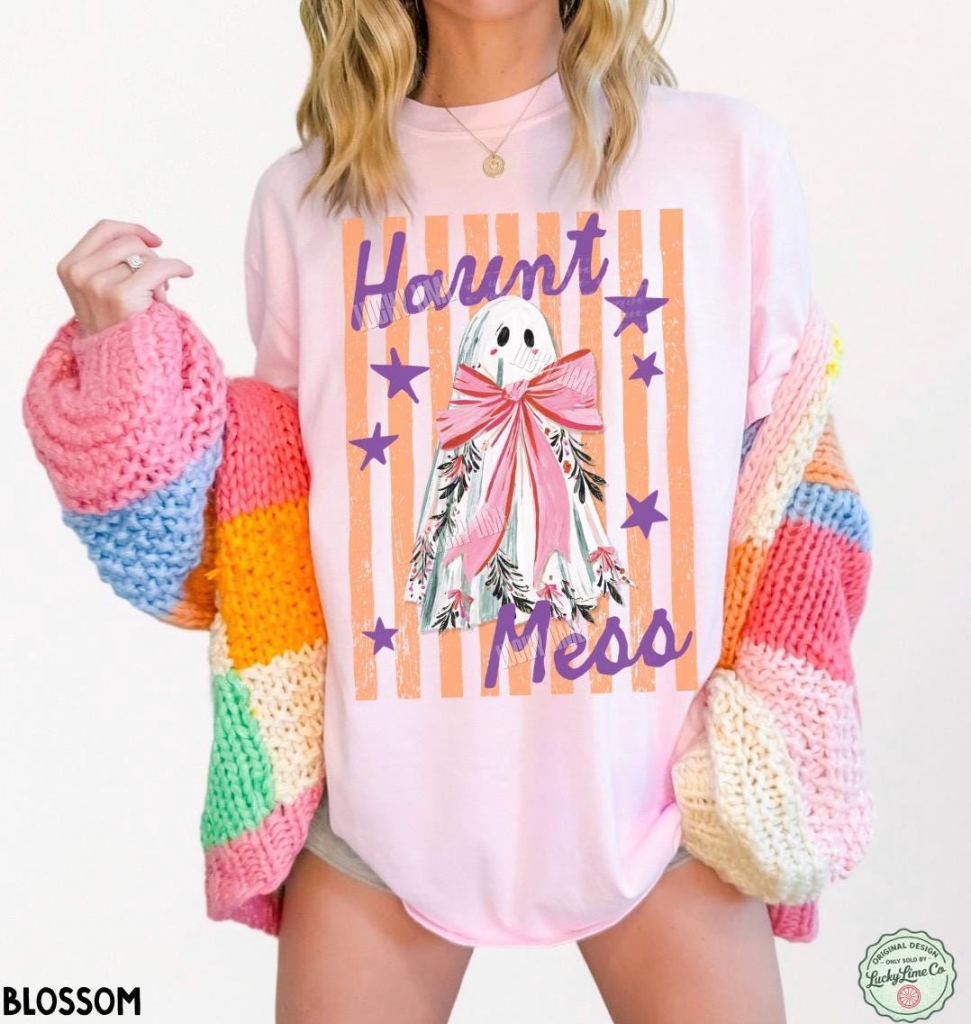 Haunt Mess Ghost Shirt, Funny Halloween Tshirt, Spooky Season Shirt, Trendy Halloween Vibes Tee, Preppy Striped Halloween Shirt, Fall Shirts