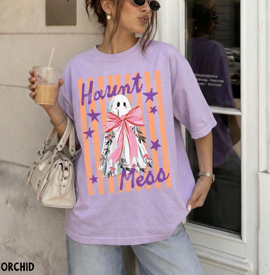 Haunt Mess Ghost Shirt, Funny Halloween Tshirt, Spooky Season Shirt, Trendy Halloween Vibes Tee, Preppy Striped Halloween Shirt, Fall Shirts