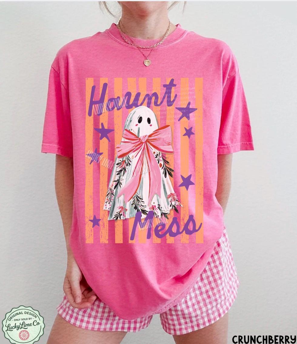 Haunt Mess Ghost Shirt, Funny Halloween Tshirt, Spooky Season Shirt, Trendy Halloween Vibes Tee, Preppy Striped Halloween Shirt, Fall Shirts