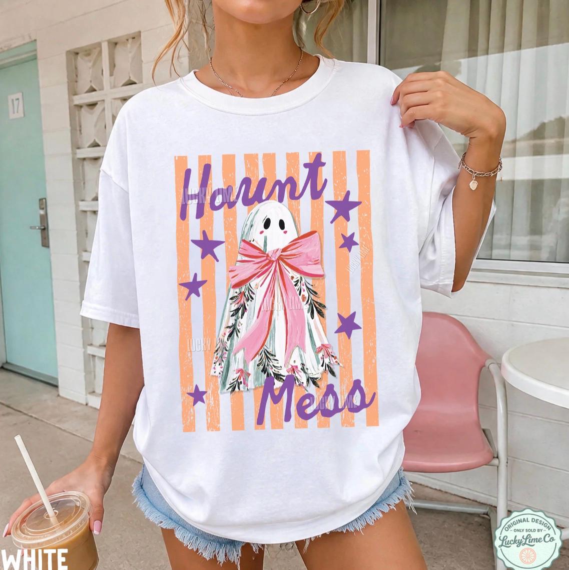 Haunt Mess Ghost Shirt, Funny Halloween Tshirt, Spooky Season Shirt, Trendy Halloween Vibes Tee, Preppy Striped Halloween Shirt, Fall Shirts