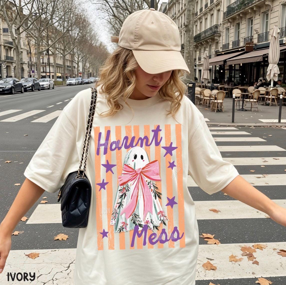 Haunt Mess Ghost Shirt, Funny Halloween Tshirt, Spooky Season Shirt, Trendy Halloween Vibes Tee, Preppy Striped Halloween Shirt, Fall Shirts