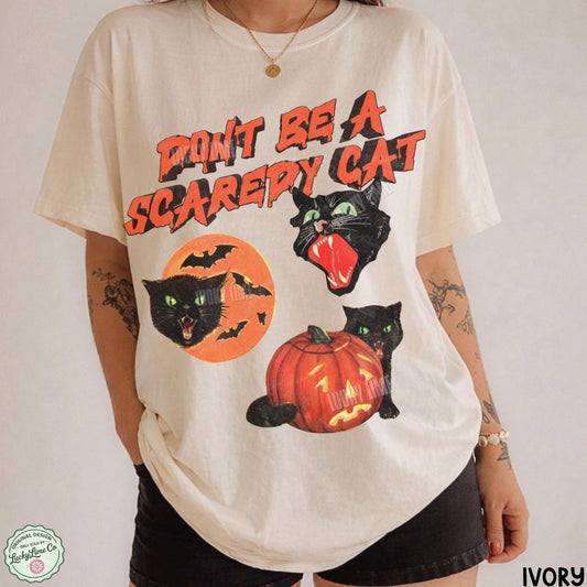 Black Cat Pumpkin Shirt, Don’t Be a Scaredy Cat Shirt, Retro Vintage Halloween Tshirt, Spooky Season Tee, Cat Lover Gifts