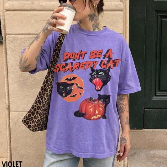 Black Cat Pumpkin Shirt, Don’t Be a Scaredy Cat Shirt, Retro Vintage Halloween Tshirt, Spooky Season Tee, Cat Lover Gifts