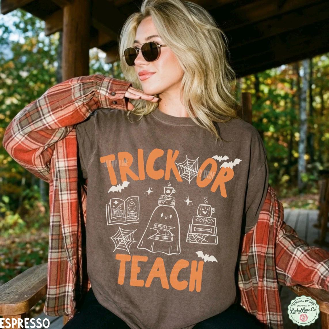 Teacher Halloween Shirt, Trick or Teach Shirt, Cute Halloween Teacher Shirt, Spooky Teacher Tshirt, Retro Ghost Reading Tee
