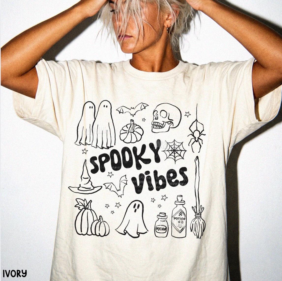 Spooky Vibes Shirt, Retro Halloween Shirt, Spooky Season Tee, Halloween Doodles Shirt, Skeleton Halloween, Cute Ghost Shirt, Witchy Vibes