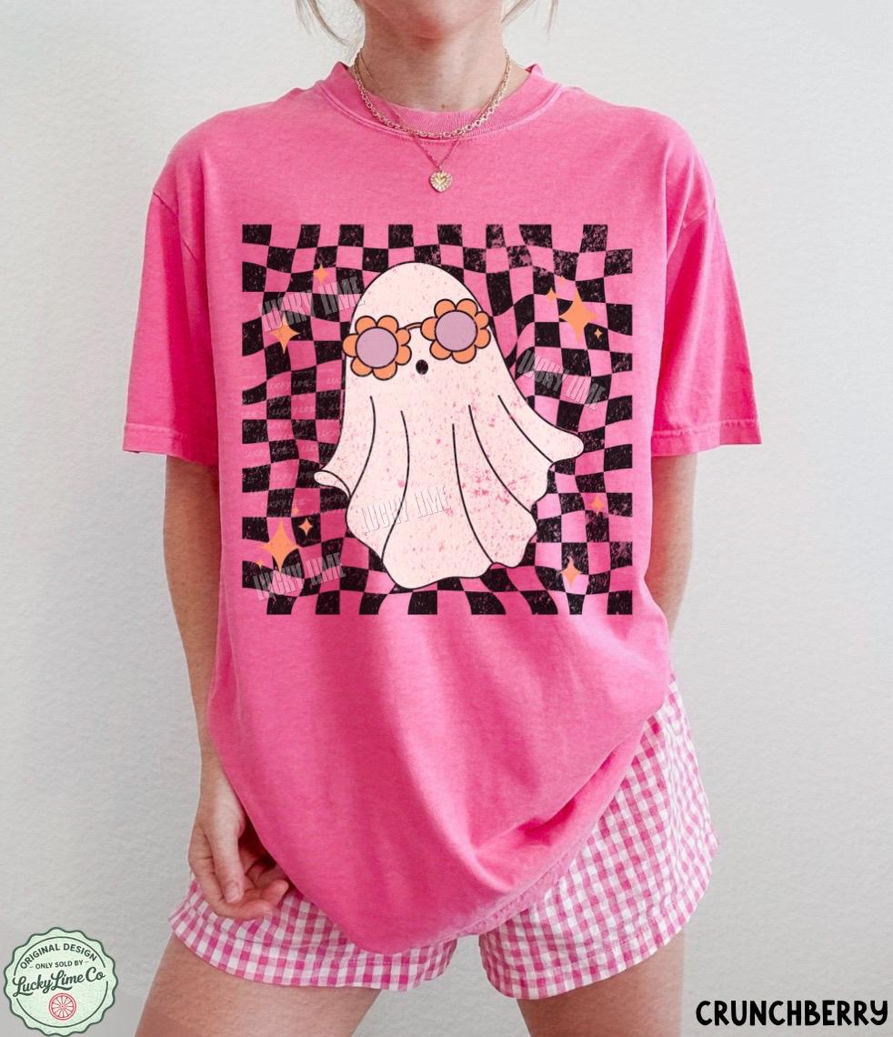 Retro Ghost Shirt, Groovy Halloween Shirt, Cute Ghost Shirt, Spooky Season Tee, ®, Trendy Halloween, Checkered Ghost Tshirt