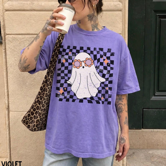 Retro Ghost Shirt, Groovy Halloween Shirt, Cute Ghost Shirt, Spooky Season Tee, ®, Trendy Halloween, Checkered Ghost Tshirt