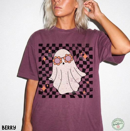 Retro Ghost Shirt, Groovy Halloween Shirt, Cute Ghost Shirt, Spooky Season Tee, ®, Trendy Halloween, Checkered Ghost Tshirt