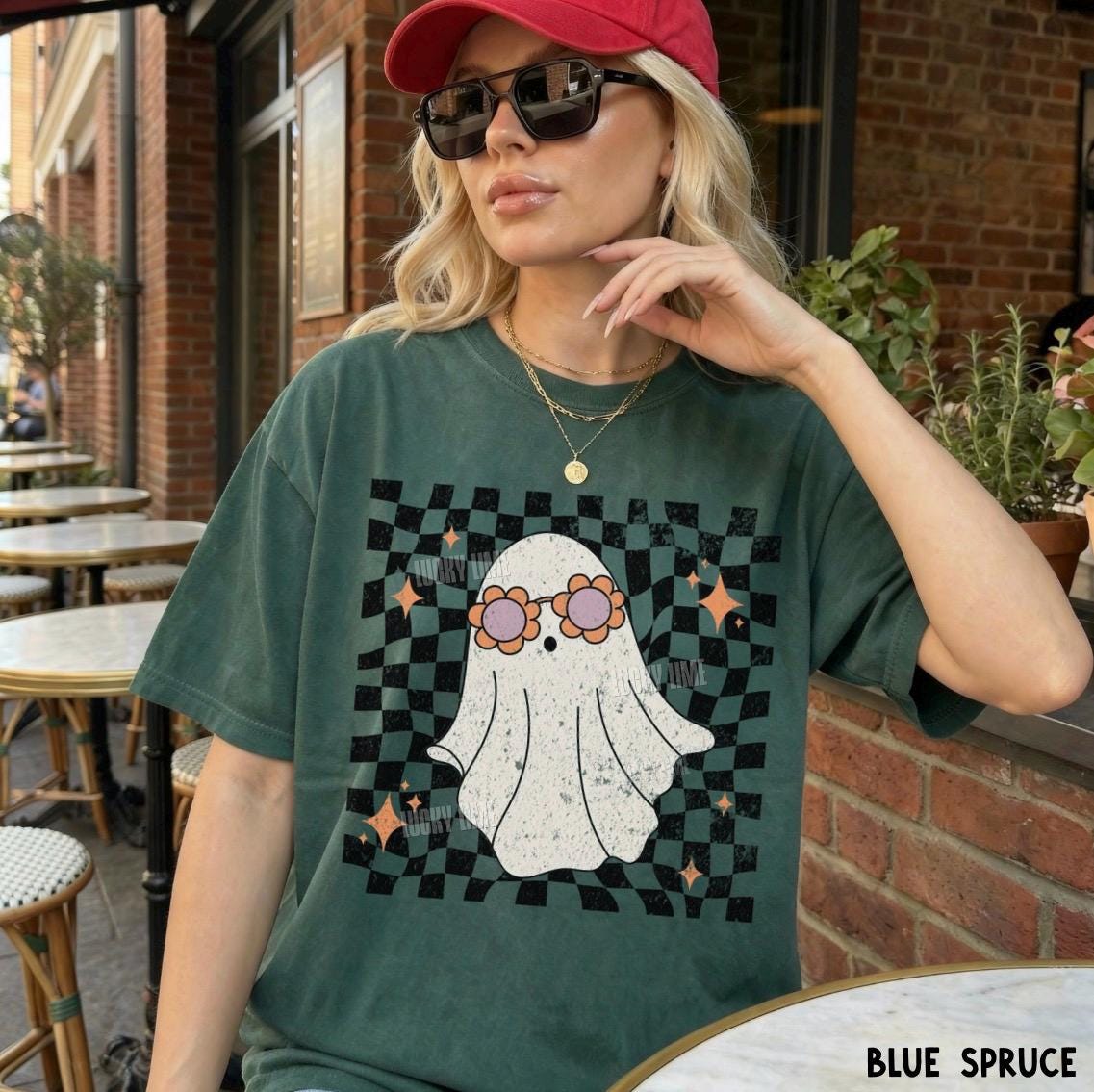 Retro Ghost Shirt, Groovy Halloween Shirt, Cute Ghost Shirt, Spooky Season Tee, ®, Trendy Halloween, Checkered Ghost Tshirt