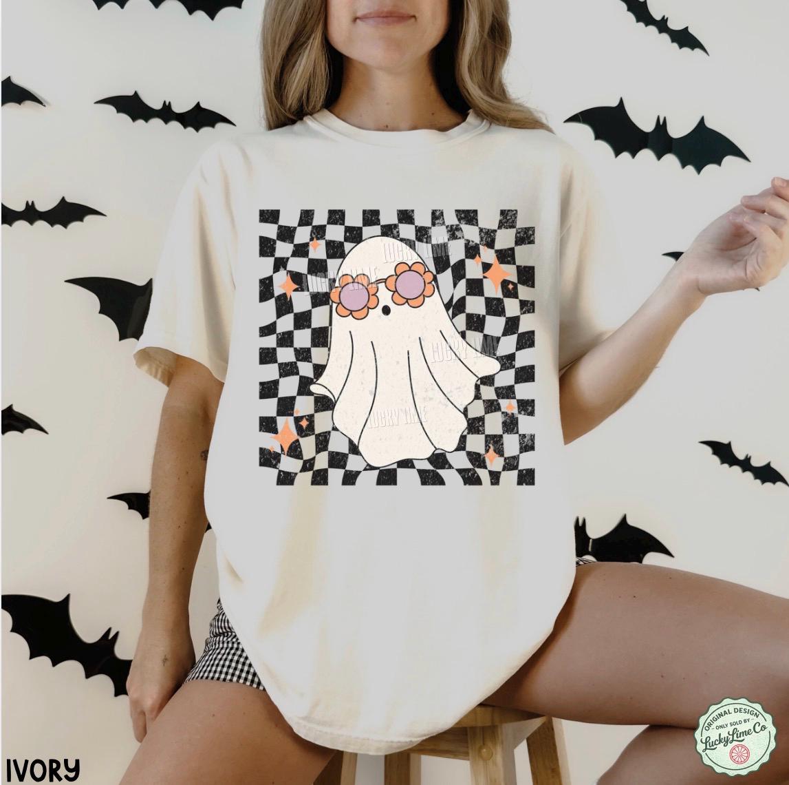 Retro Ghost Shirt, Groovy Halloween Shirt, Cute Ghost Shirt, Spooky Season Tee, ®, Trendy Halloween, Checkered Ghost Tshirt