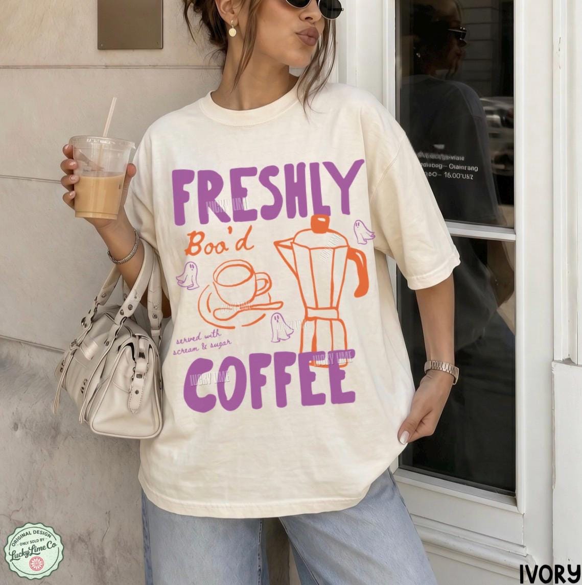 Halloween Coffee Shirt, Freshly Boo’d Coffee TShirt, Cute Ghost Shirt, Skeleton Halloween Tshirt, Coffee Lover Gift, Spooky