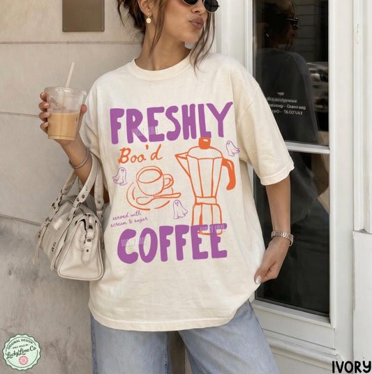 Halloween Coffee Shirt, Freshly Boo’d Coffee TShirt, Cute Ghost Shirt, Skeleton Halloween Tshirt, Coffee Lover Gift, Spooky