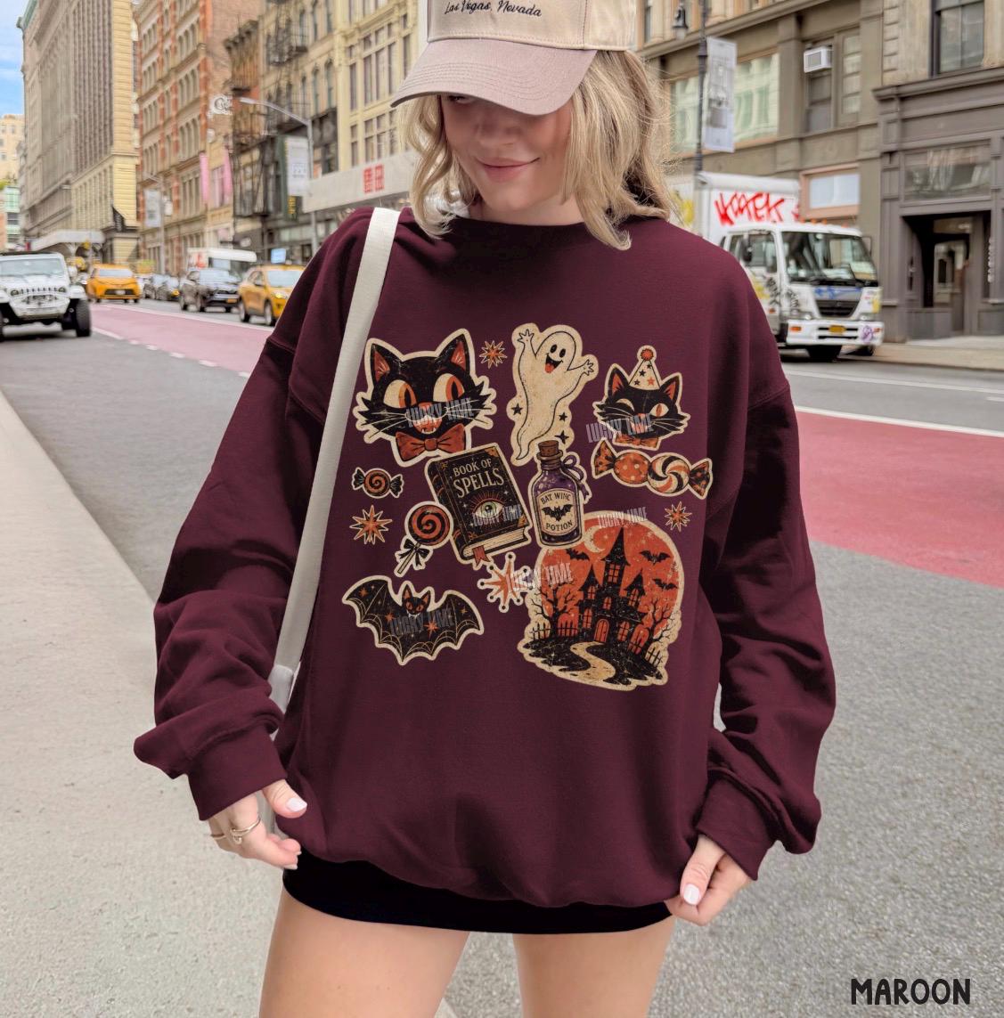 Retro Halloween Collage Sweatshirt, Retro Vintage Halloween Sweatshirt Pumpkin Season, Spooky Season Shirt, Black Cat Halloween Sweatshirt