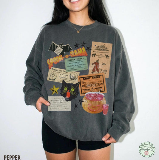Retro Halloween Sweatshirt, Vintage Halloween Party Ephemera Sweatshirt, Spooky Season, Halloween Cat Shirt, Bat Halloween
