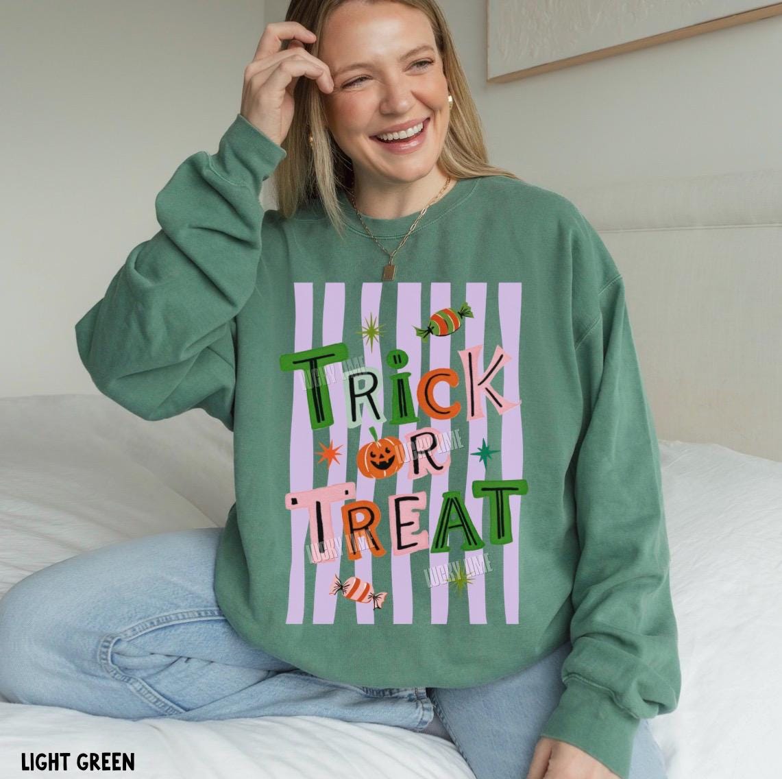 Trick or Treat Sweatshirt, Halloween Sweatshirt, Preppy Halloween Shirt, Retro Halloween Crewneck, Spooky Season Sweatshirt