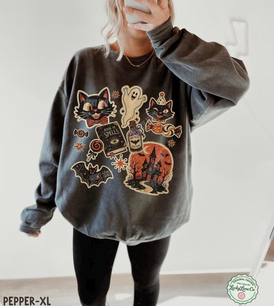 Retro Halloween Collage Sweatshirt, Vintage Halloween Sweatshirt Pumpkin Season, Spooky Season, Black Cat Halloween Crewneck