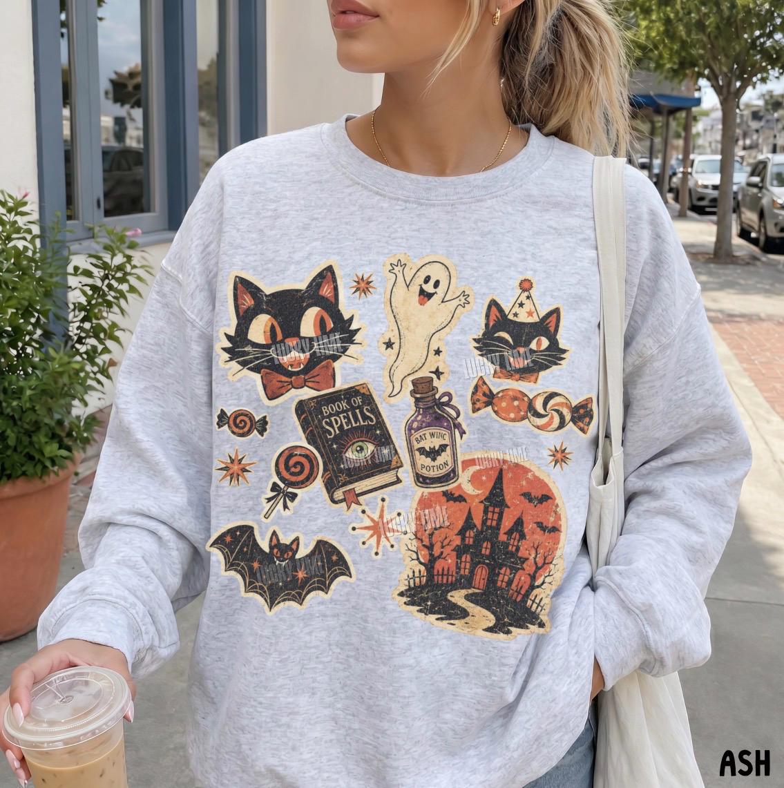 Retro Halloween Collage Sweatshirt, Retro Vintage Halloween Sweatshirt Pumpkin Season, Spooky Season Shirt, Black Cat Halloween Sweatshirt