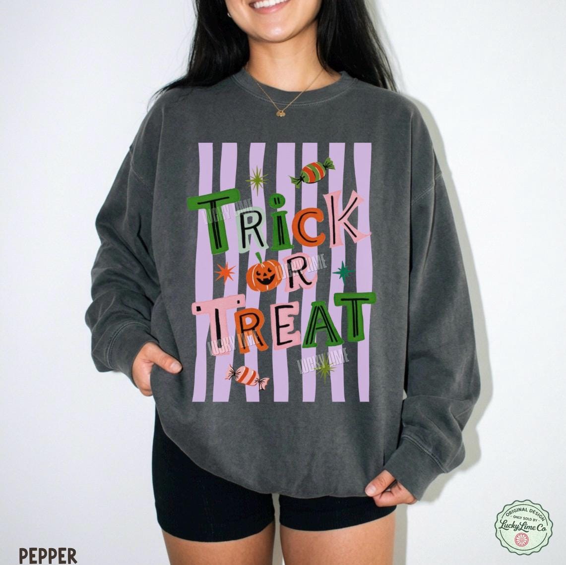 Trick or Treat Sweatshirt, Halloween Sweatshirt, Preppy Halloween Shirt, Retro Halloween Crewneck, Spooky Season Sweatshirt